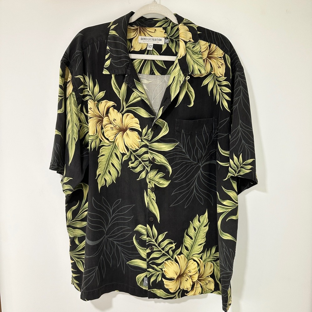 Quiksilver Edition‎ Shirt XXL Mens Black 100% Silk Tropical Floral Aloha Camp